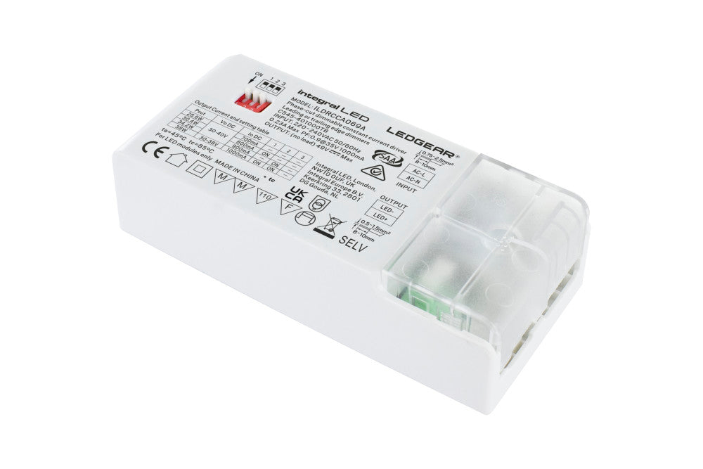 CONSTANT CURRENT DRIVER ADJUSTABLE OUTPUT 26.6-38W 700-1000MA IP20 TRIAC DIMMABLE 30-40V OUTPUT